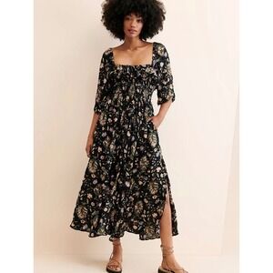 Free People Oasis Midi Dress Black Floral Smocked Puff Sleeve Side Slit XS